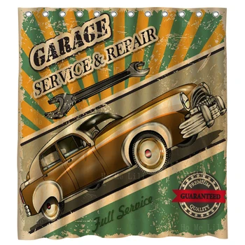 Кафяви Ретро Рекламен Плакат за автомобили Route 66 Garage Repair Service Ретро Завеса За Душ С Куки От Ho Me Pipi За Декора на Банята
