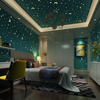 Корейската фантазия луминесцентни и флуоресцентни звезди луната синята розова детска стая нетъкан тапет момче момиче спалня карикатура деца