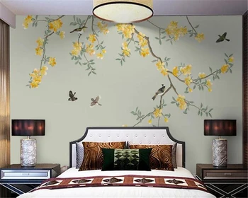 Потребителски стенописи, 3d тапети китайски стил, ръчно рисувани основно хол, спалня, цвете и птица фон монтаж на стена за украса